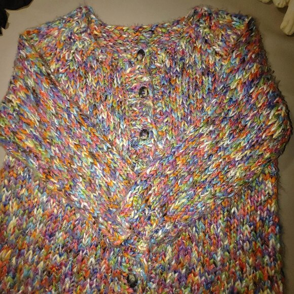 Cardigan Sweater XL Multicolor Oversize Cropped Chunky Knit Slouchy Large Button - Picture 3 of 14